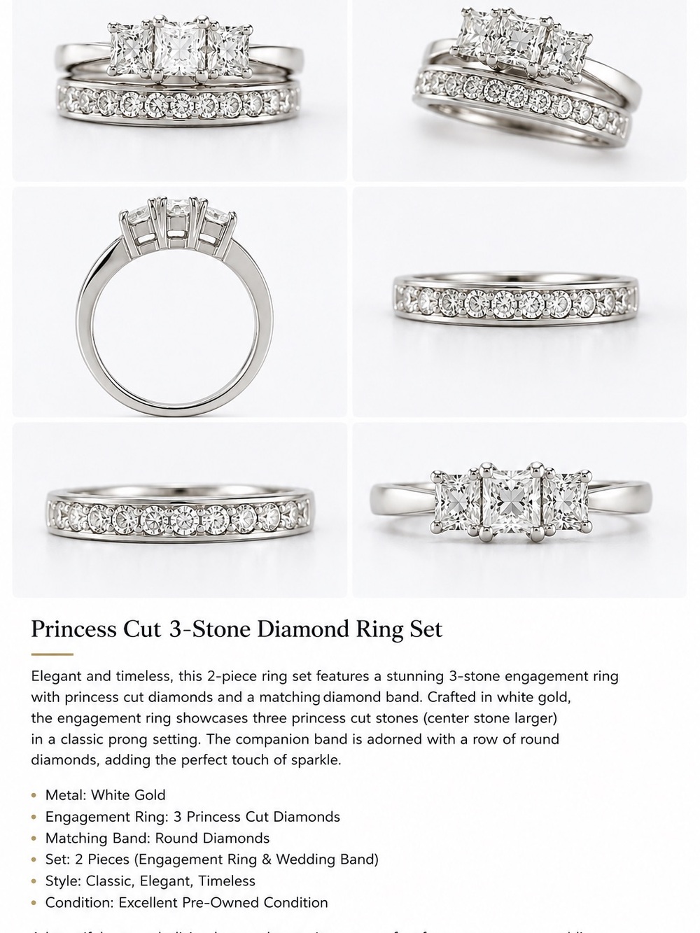 Princess Cut 3-Stone Diamond Ring Set - White Gold
